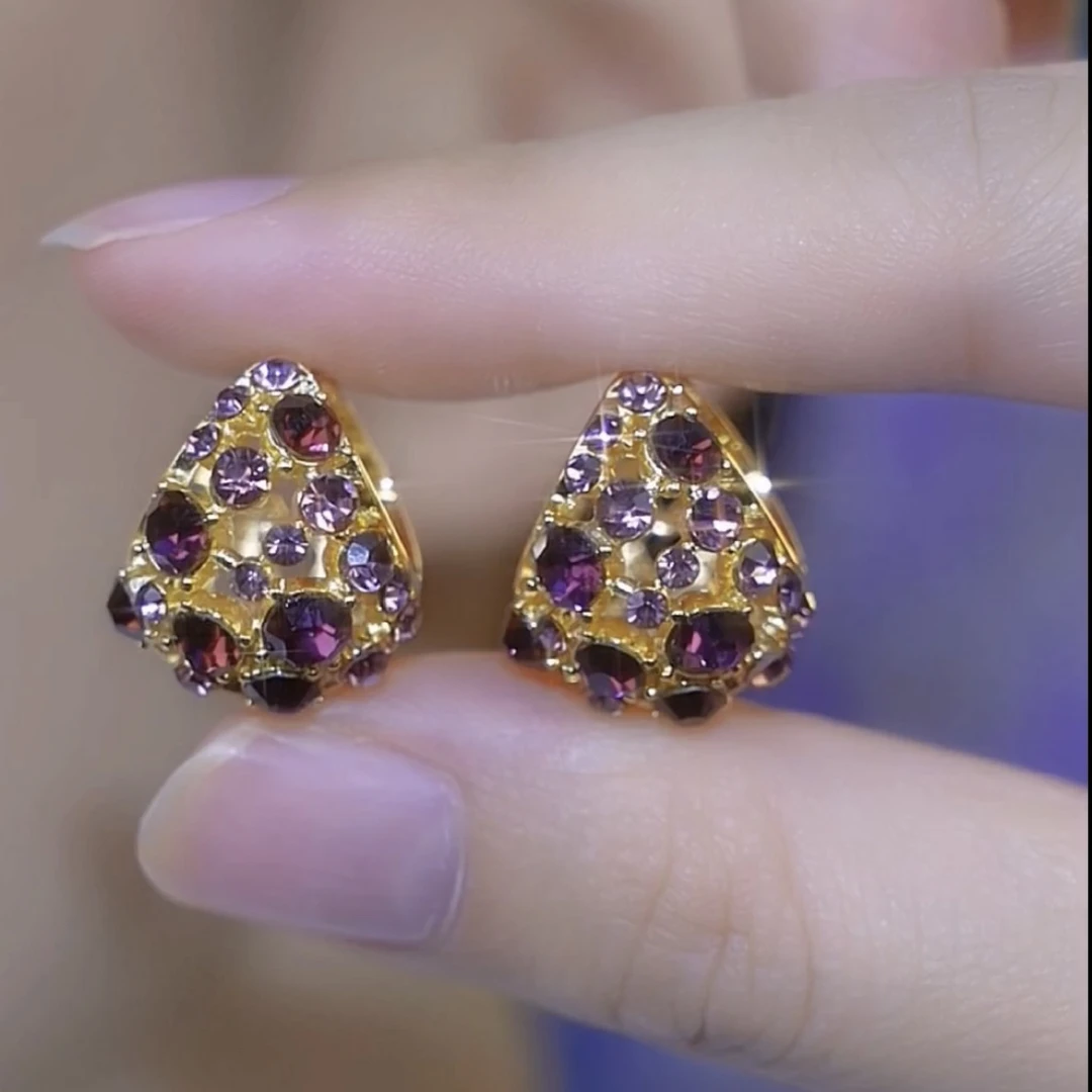 铜合金合成锆石耳饰 【紫气东来】紫色水滴耳扣单面锆石气质耳环