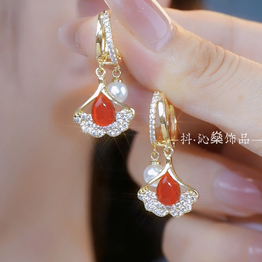 铜合金合成锆石耳饰 耳扣红色银杏叶流苏耳饰耳环