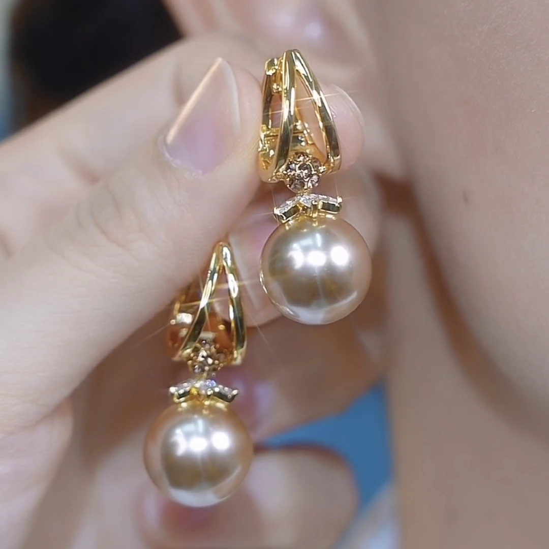 铜合金耳饰 【金色年华】美拉德香槟色仿珍珠耳扣轻奢简约精致耳环