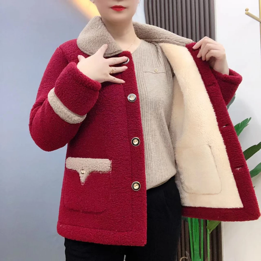 【撞色拼接】加绒加厚保暖外套女中老年妈妈装仿皮草羊羔绒外套清