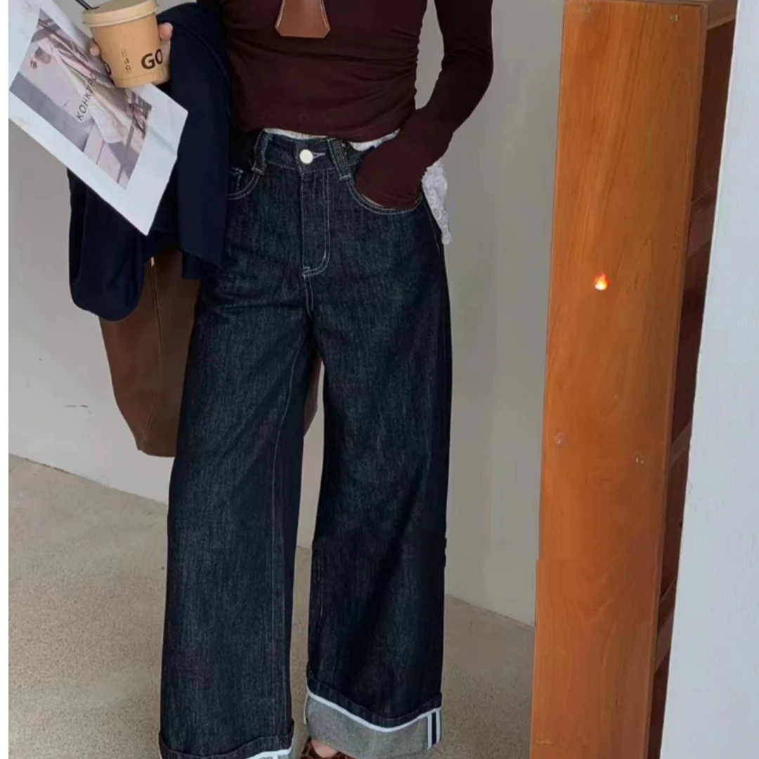 2024新款复古直筒牛仔裤女秋季款高腰显瘦休闲卷边阔腿长裤