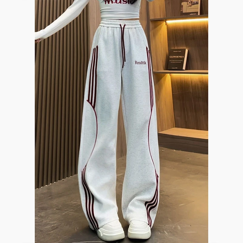 秋冬季加绒美式撞色条纹卫裤女潮牌垂感休闲裤宽松直筒伞兵阔腿裤