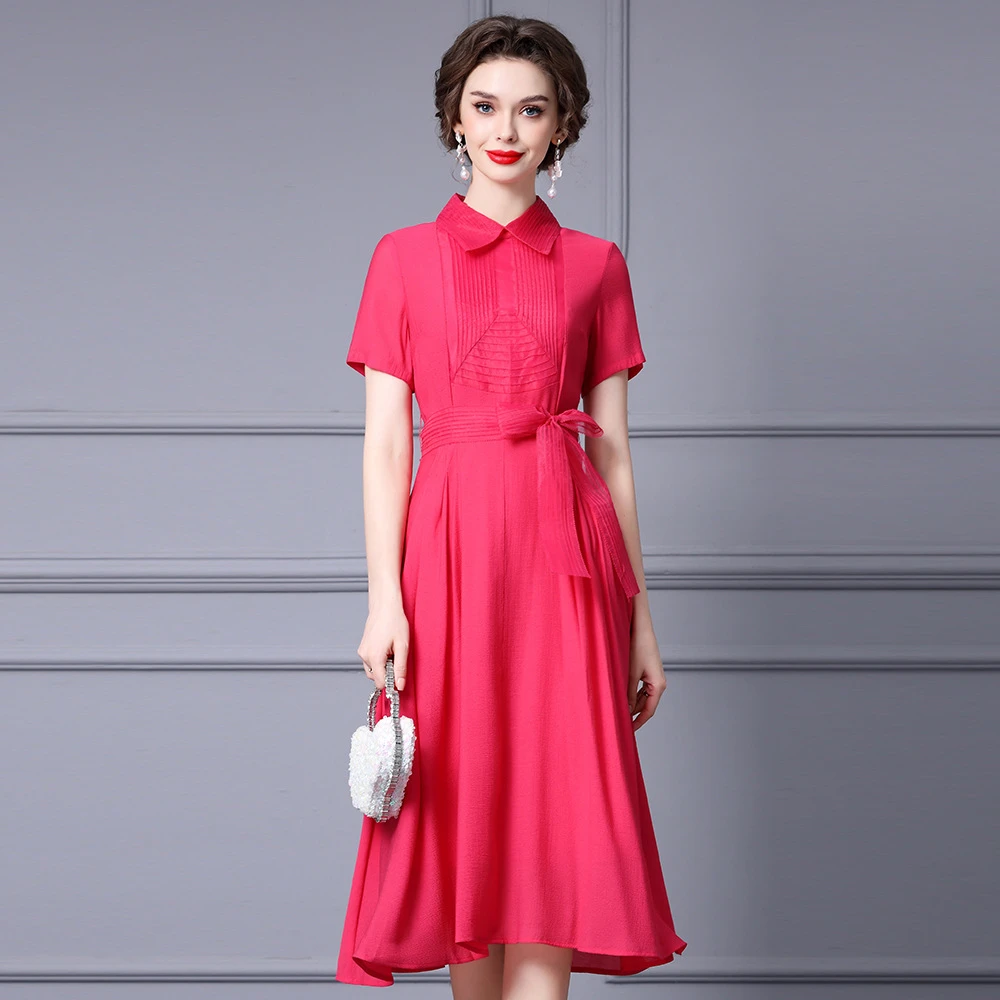 枝荔轻奢高级感翻领连衣裙压褶拼接收腰绑带大摆裙子2025夏季新款