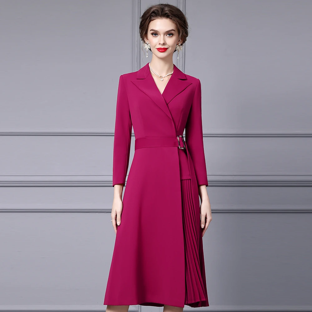 枝荔春秋款连衣裙女长袖高档通勤气质遮肚子西装领风琴折A版裙子