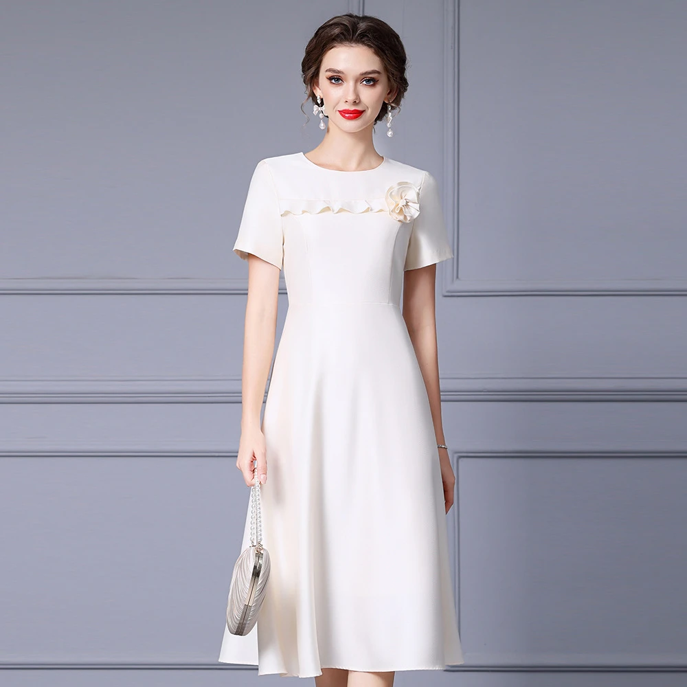 枝荔法式名媛气质连衣裙立体花朵装饰高腰短袖a字大摆裙2025夏季