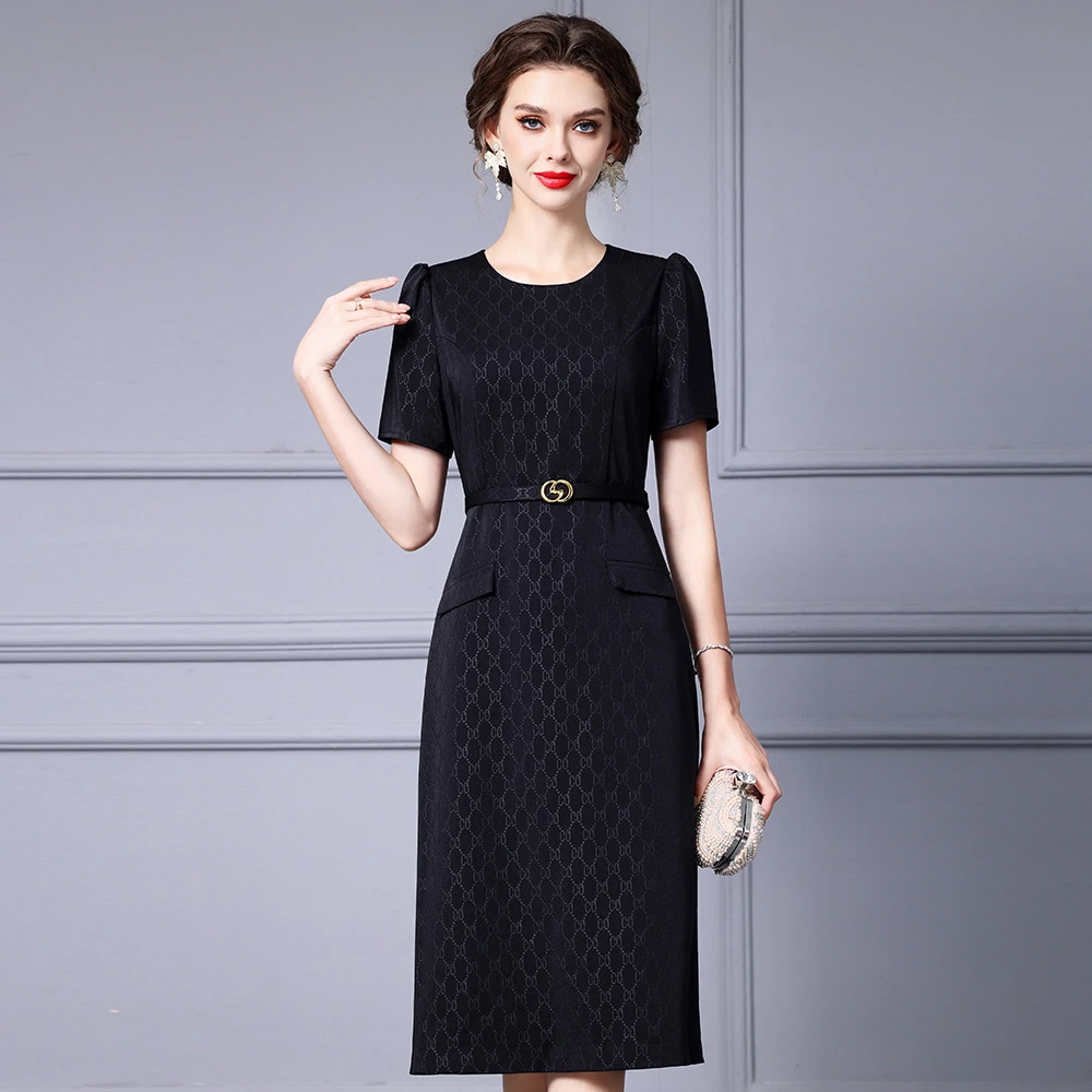 枝荔职场干练气质中长裙黑色暗纹提花腰带收腰连衣裙夏季2025新款