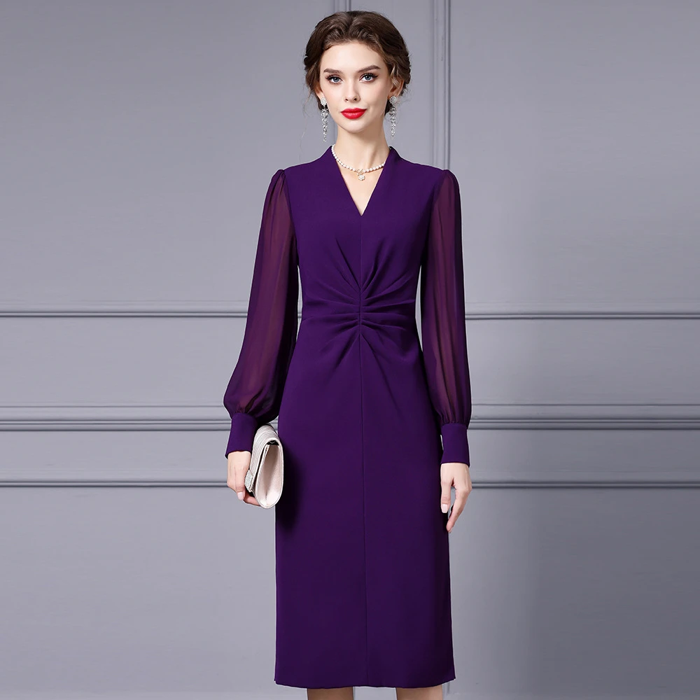 枝荔2025秋款连衣裙女长袖高档中年妈妈简单大方紫色显瘦裙子新款