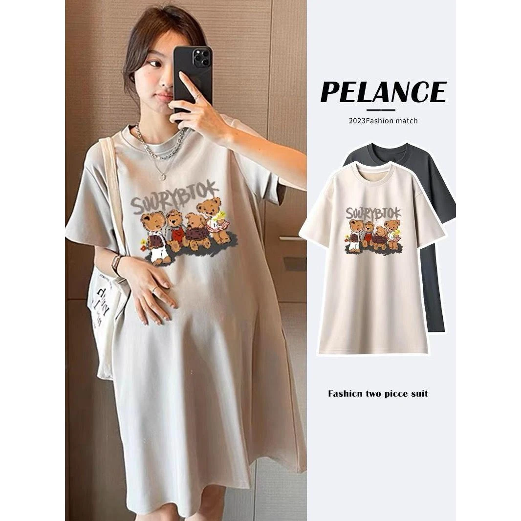 孕妇夏装连衣裙2024新款辣妈显瘦圆领春夏宽松小个子气质长裙夏装