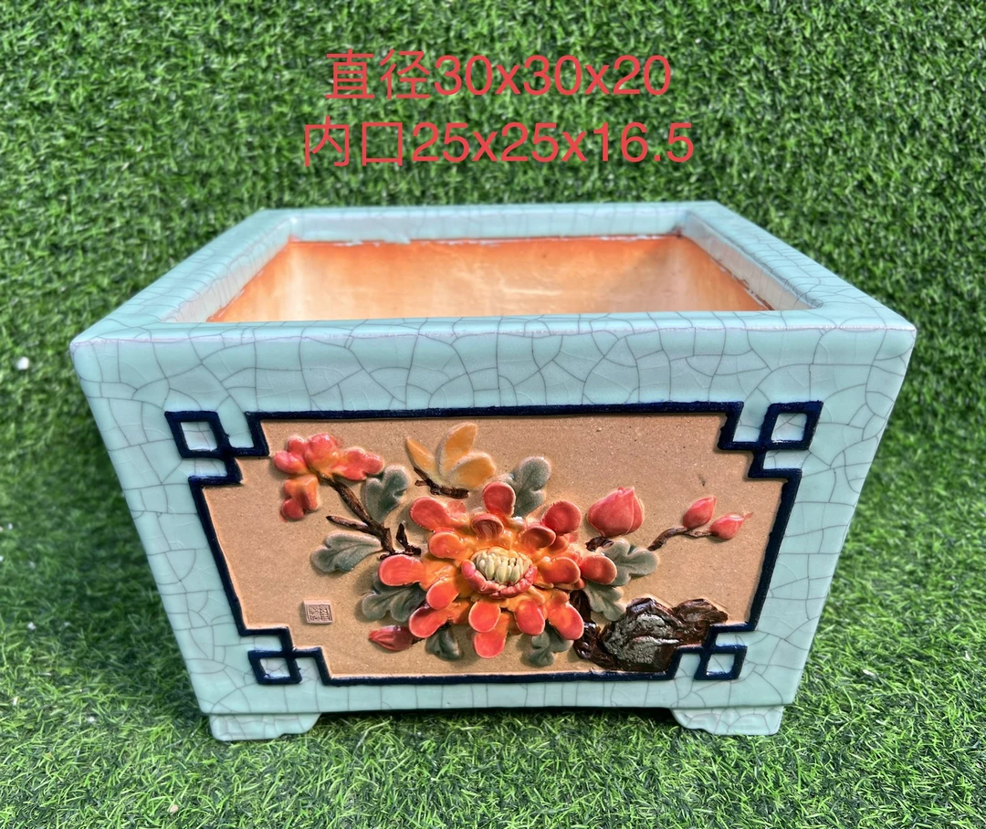 石湾盆纯手工制作。两面花二面公仔四方盆精品上档次