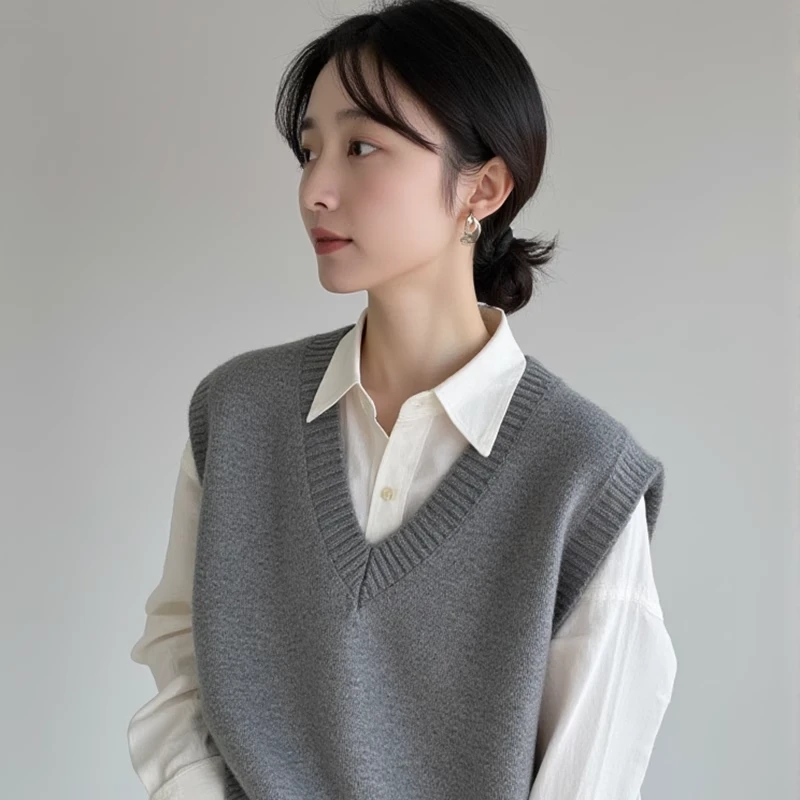 灰色复古v领针织马甲背心女别致叠穿2024年秋冬无袖坎肩马夹外套