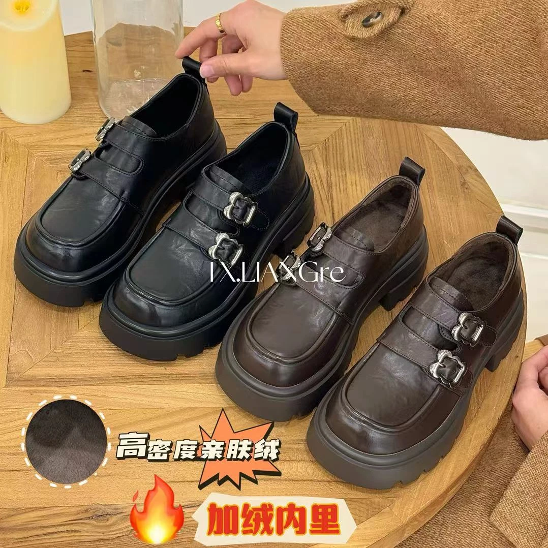 TX.LIANGre/加绒温暖 保暖搭子双扣英伦厚底增高jk皮乐福鞋百搭女