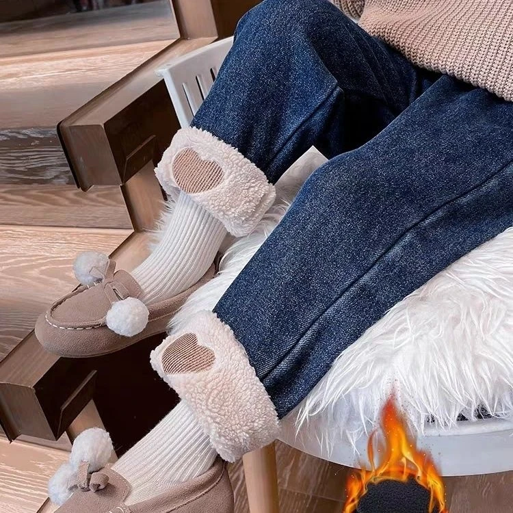 2024新款儿童一体绒牛仔裤甜美小童加厚裤子冬装女童长裤加绒洋气