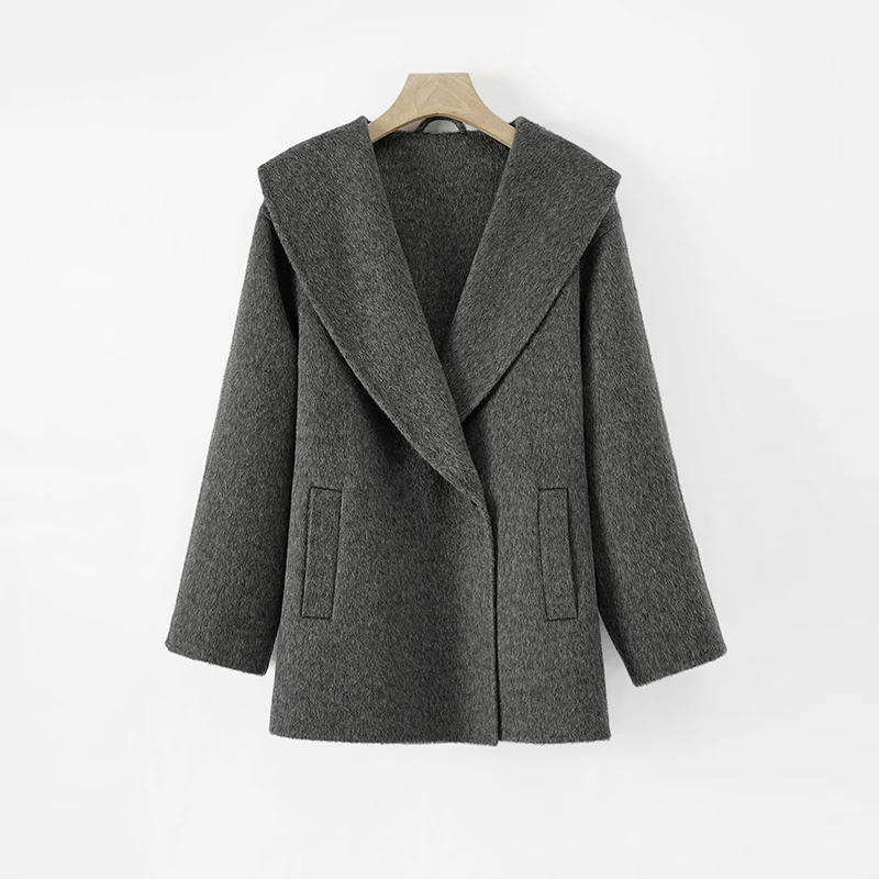 双面呢大衣短款双面呢大衣短款时尚休闲宽松中长款灰色翻领88217
