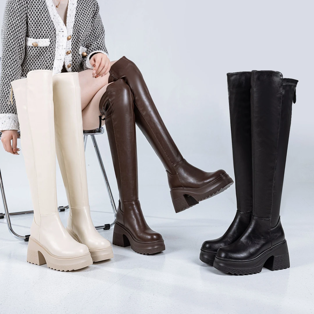 10公分小个子时尚百搭过膝靴/外增高粗跟厚底软底瘦瘦靴女1005-F