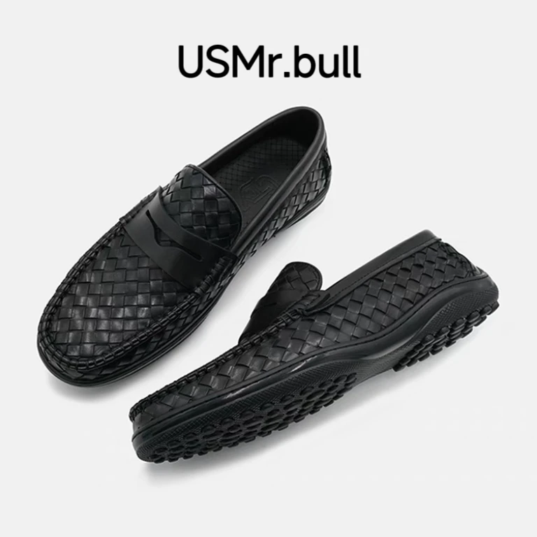 USMr.bull男士夏季休闲皮鞋高端编织透气商务一脚蹬真皮豆豆鞋