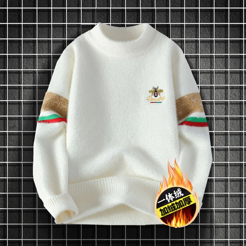 水貂绒毛衣男生半高领冬季加绒加厚青少年学生内搭刺绣打底针织衫