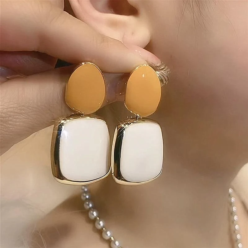 925银耳饰橙白色撞色滴釉时尚耳环2024年新款潮夸张个性耳坠方形