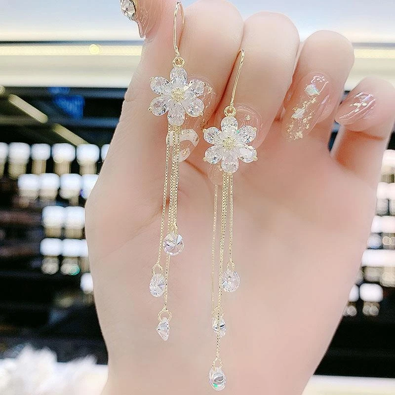925银耳饰 白色锆石花朵耳炼耳环超仙气质长版五瓣花流苏耳坠高级