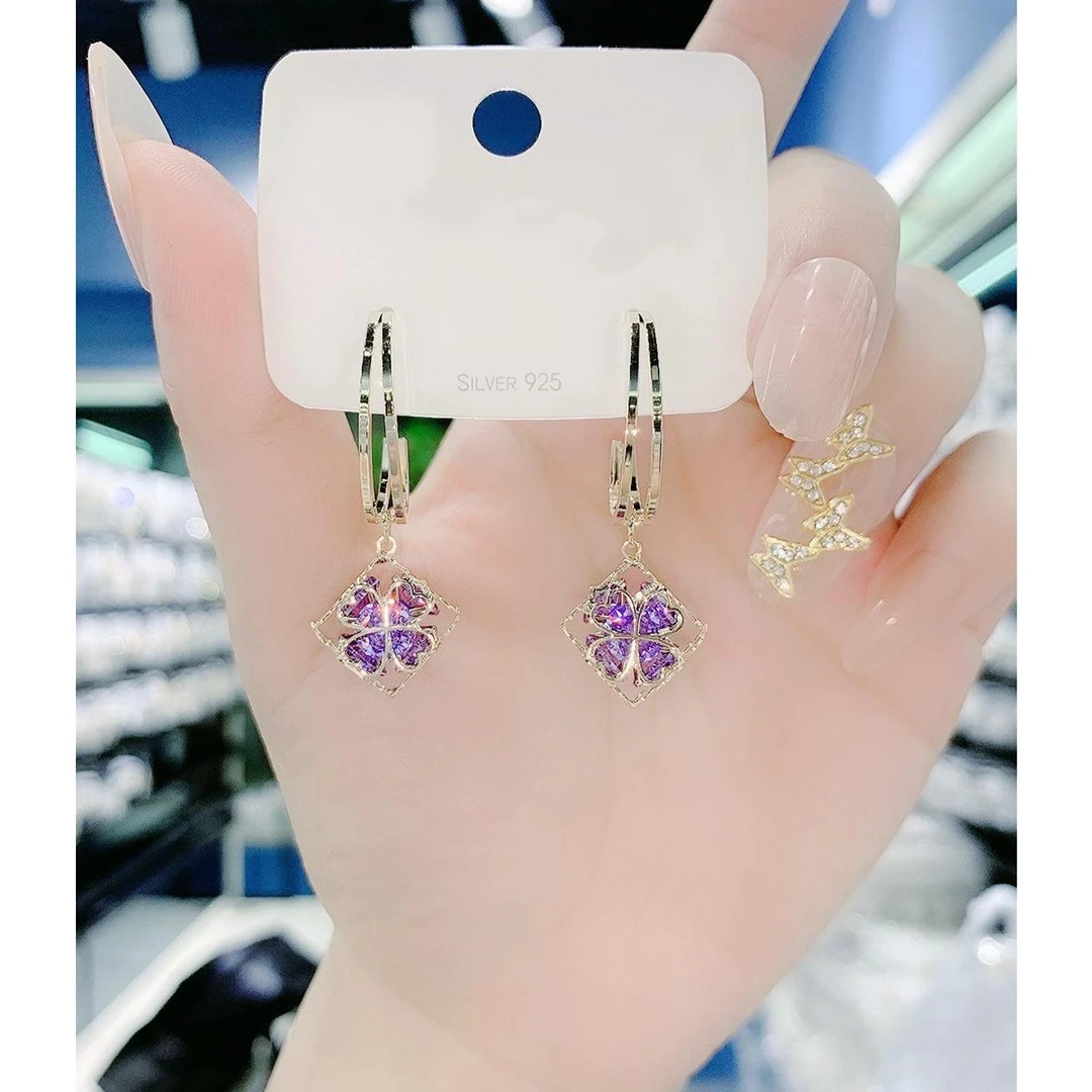 925银耳饰 耳圈防过敏耳环网红时尚精致百搭镂空方块轻奢耳坠S针