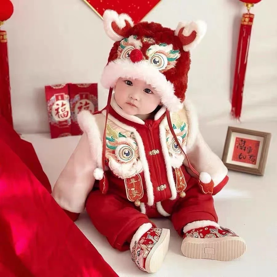 婴儿拜年服喜庆连体衣宝宝冬装满月百天周岁礼服新生儿过新年衣服