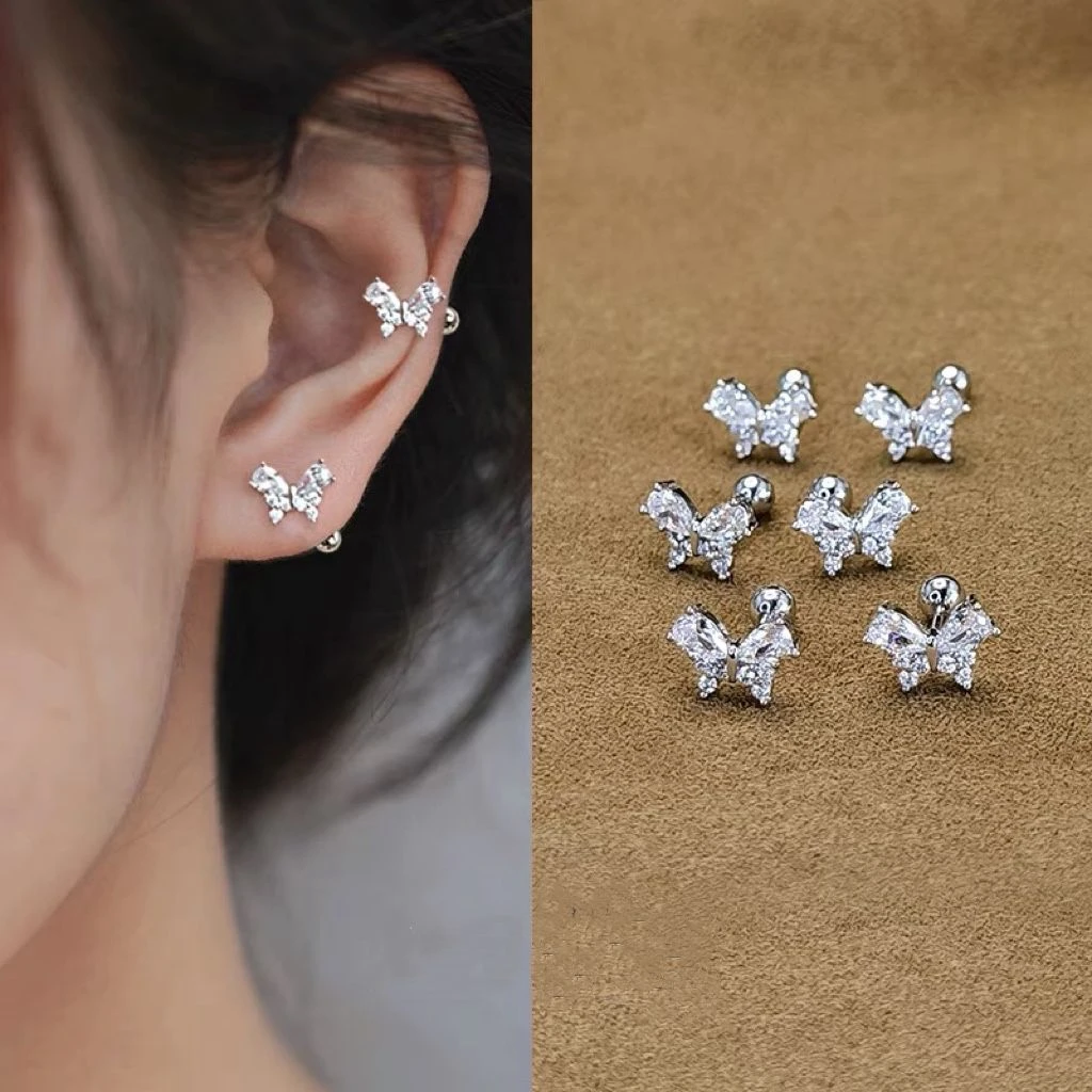 合金玻璃耳饰 超闪蝴蝶独特耳骨钉螺丝拧扣新款潮高级气质耳钉环