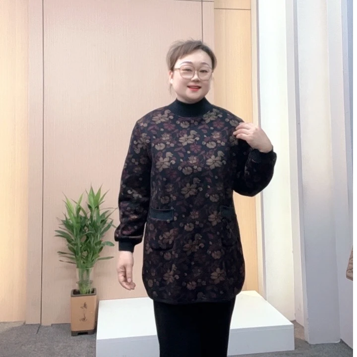 100-220斤冬季新款印花长款遮肉显瘦宽松加绒加厚妈妈装卫衣