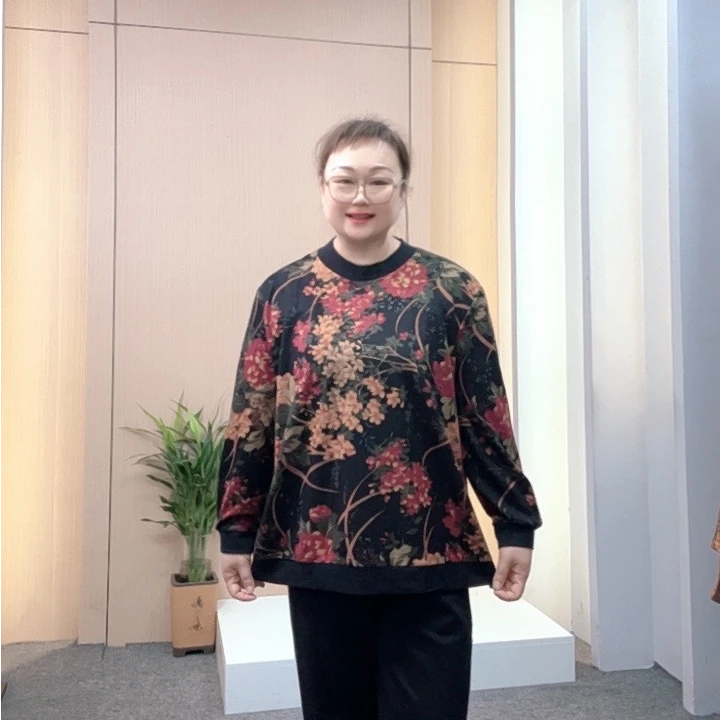 100-240斤秋季新款圆领撞色拼接时尚宽松百搭长袖中老年打底衫