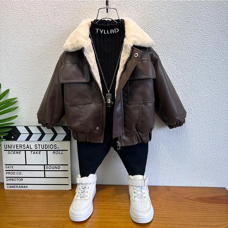 男童皮衣外套秋冬装2024新款痞帅宝宝冬季加绒棉衣儿童加厚皮夹克