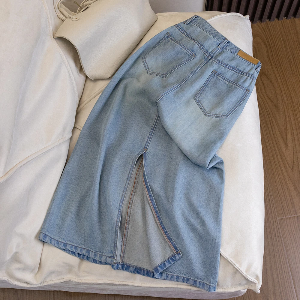 0588天丝后开叉高腰牛仔裙女春夏2024新款做旧包臀显瘦半身中长裙