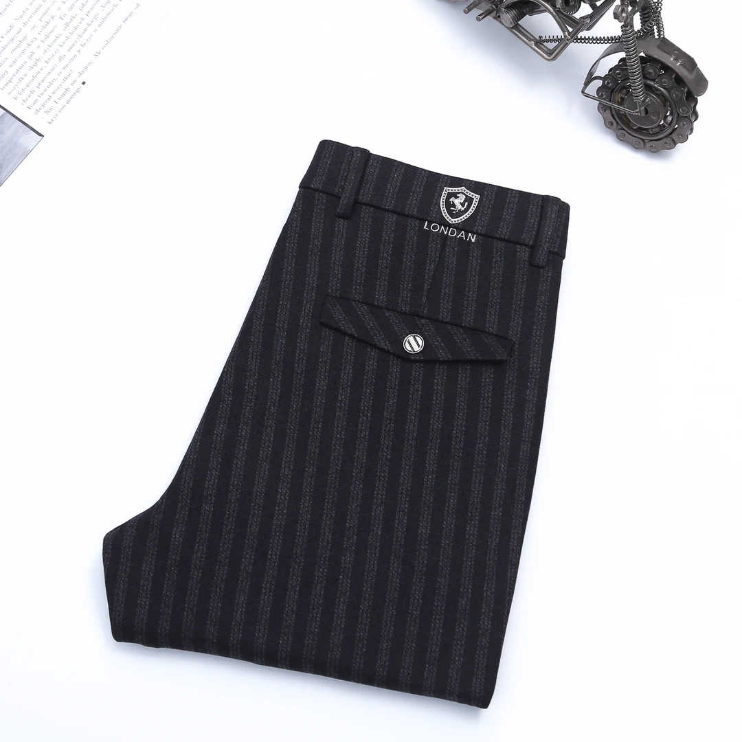 《秋冬新款》直筒厚弹力免熨保暖百搭条纹修身男士商务裤休闲裤