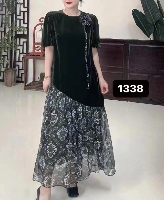 满分桑蚕丝丝绒连衣裙YG-1338气质时尚显瘦拼接（裙长125cm左右）