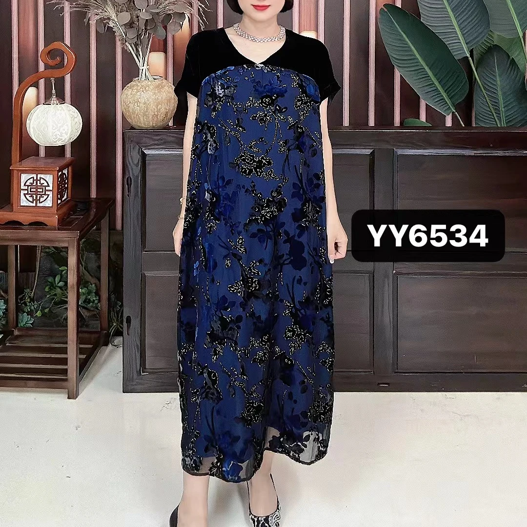 【沐北服装】2024年新款烧花烫金丝绒连衣裙YY-6534（衣长120cm）