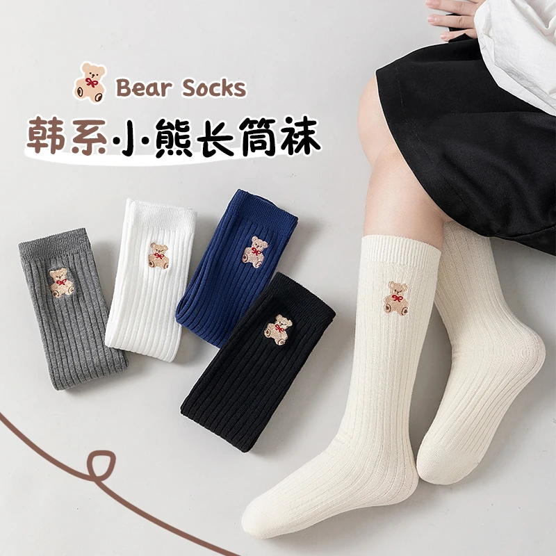 儿童袜子女童春季小熊小腿袜长筒袜百搭学生袜中筒袜A110