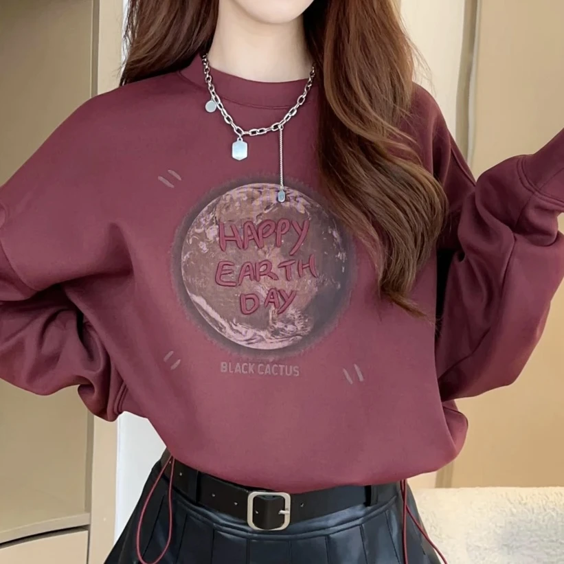 设计感潮流休闲印花抽绳圆领卫衣女时尚洋气气质短款秋季小众上衣