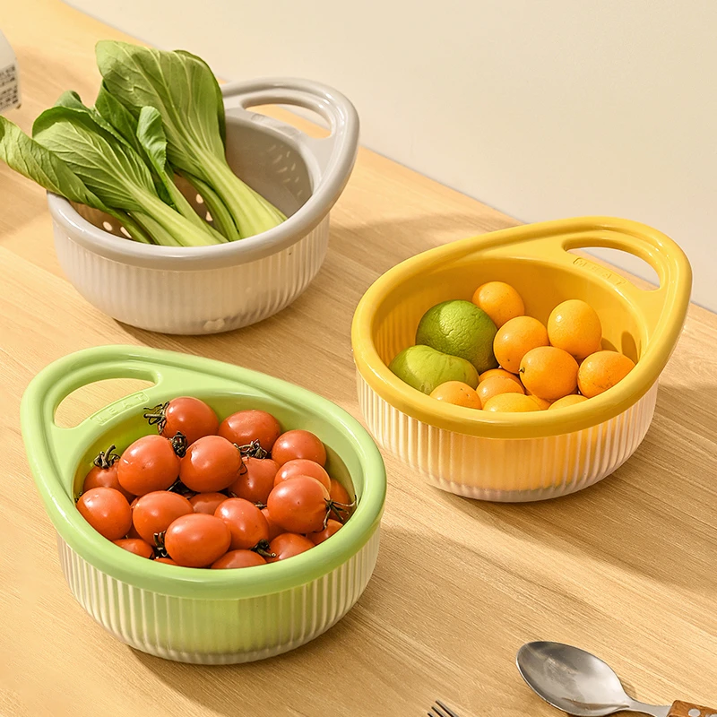 双层提手沥水篮厨房家用创意提式水果蔬菜沥水菜篮子果蔬洗菜盆F