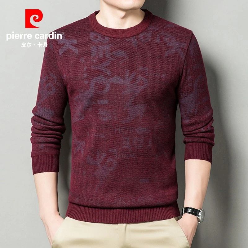 Pierre Cardin2023年秋季男士字母红色时尚百搭休闲圆领针织衫