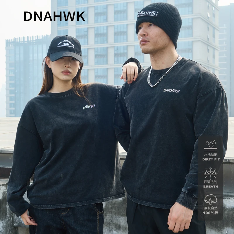 DNAHWK经典复古水洗水钻烫钻纯棉圆领长袖做旧休闲柔软亲肤春秋款