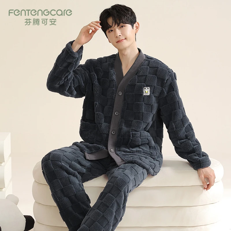 芬腾可安珊瑚绒睡衣男士冬季加厚加绒保暖圆领秋冬新款家居服套装