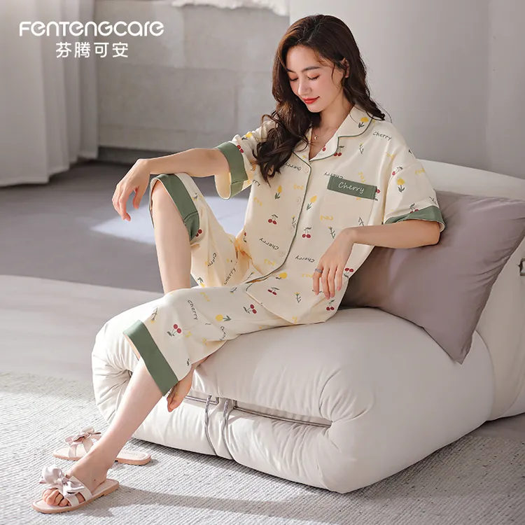 芬腾可安夏季纯棉短袖七分裤女士睡衣翻领开衫夏天新款家居服套装