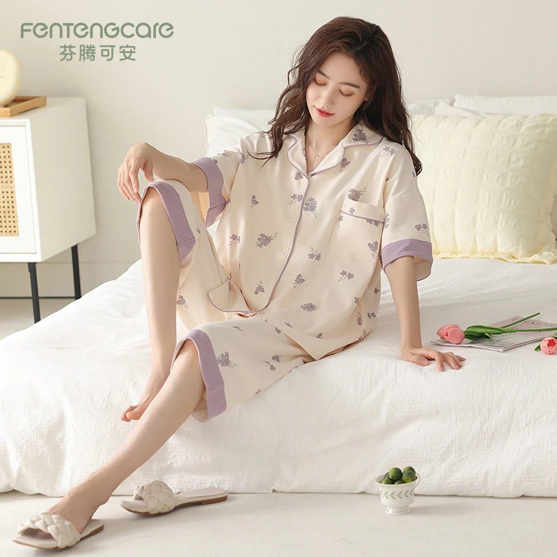 芬腾可安2026夏季新款短袖七分裤睡衣女款夏天薄款纯棉家居服套装