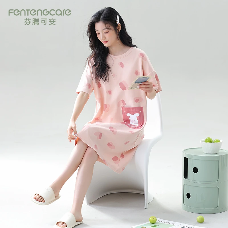 芬腾可安夏季纯棉睡衣女2025新款甜美少女韩版圆领短袖家居服睡裙