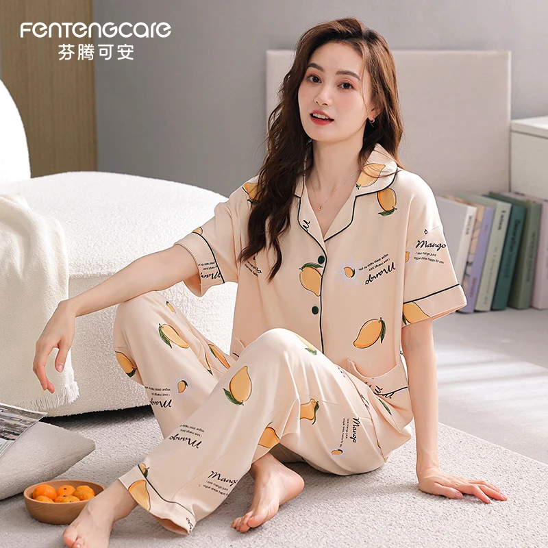 芬腾可安2025年新款纯棉睡衣女夏季短袖长裤薄款秋夏大码翻领套装