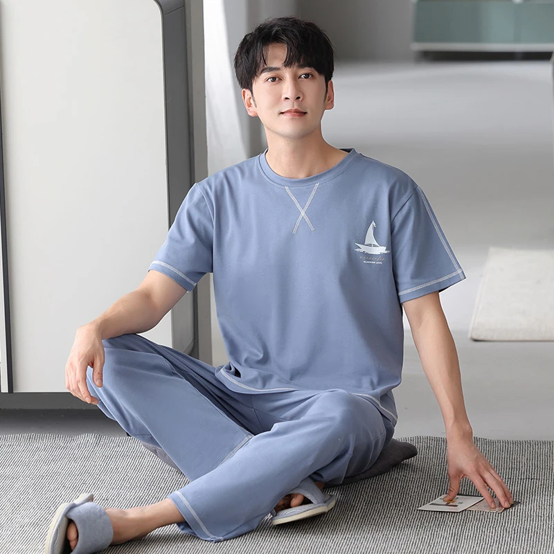 芬腾可安睡衣男士夏季纯棉短袖长裤家居服男款夏天薄款大码可外穿