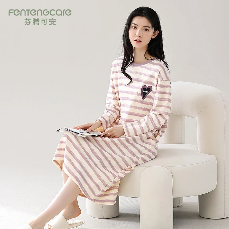 芬腾可安2025新款长袖中长款可外穿春秋季睡裙条纹女士全棉连衣裙