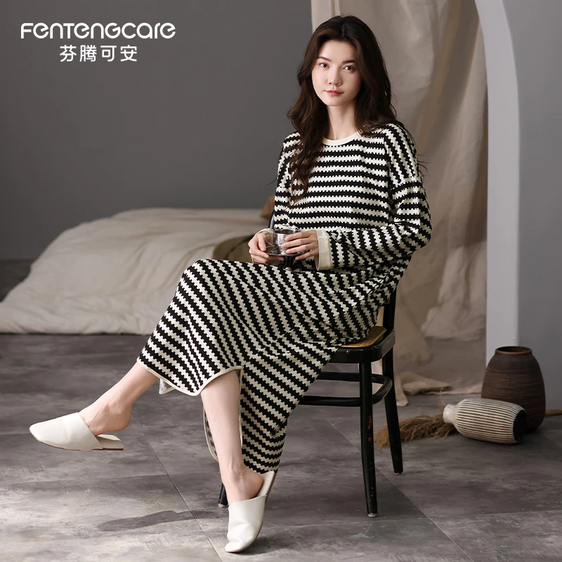 芬腾可安女士睡衣春秋季2026新款条纹睡裙女中长款长袖纯棉家居服