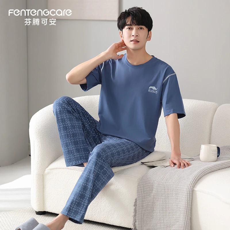 芬腾可安男士短袖长裤夏季薄款纯棉男睡衣套头可外穿家居服两件套