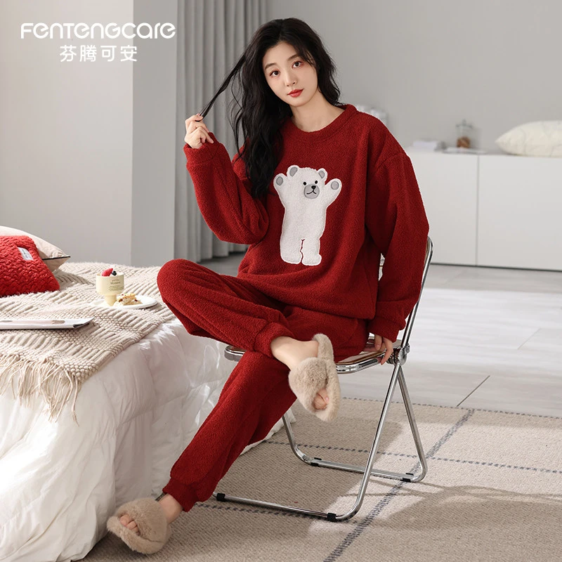 芬腾可安秋冬季珊瑚绒睡衣女款2025新款红色半边绒保暖家居服套装