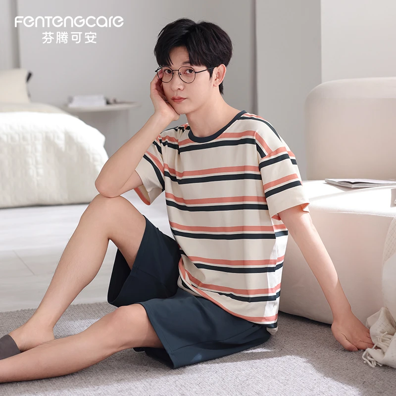 芬腾可安男士睡衣夏季纯棉短袖短裤条纹家居服可外穿大码套头套装