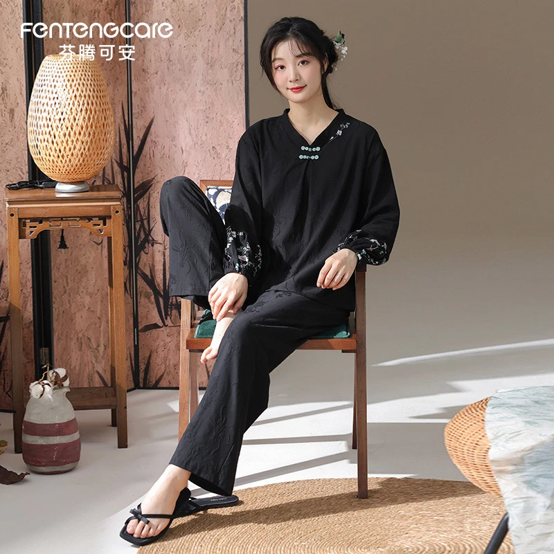 芬腾可安2025新款睡衣女春秋季纯棉新中式国风长袖长裤家居服套装