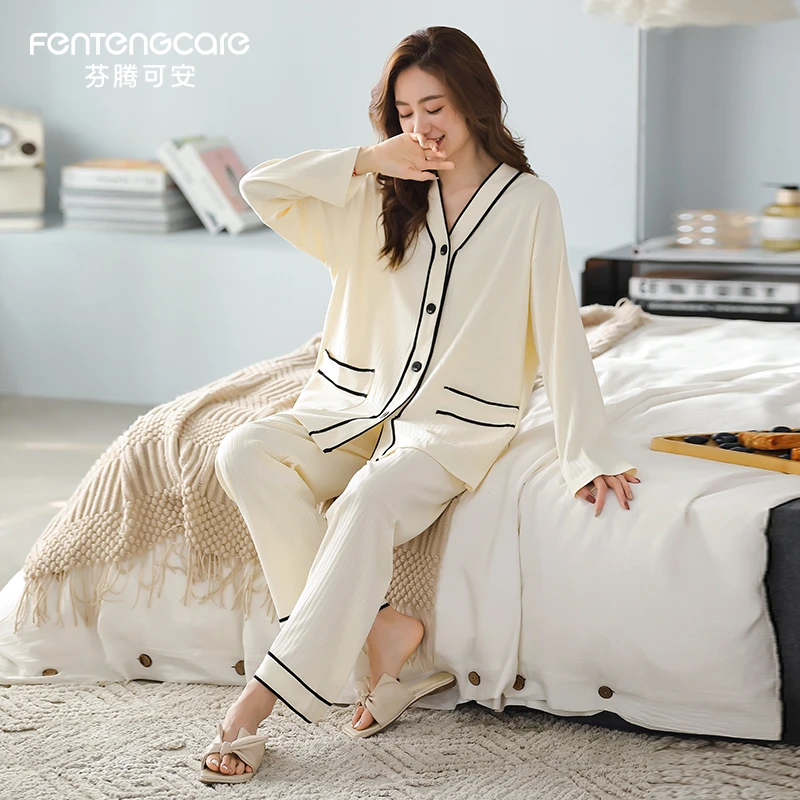 芬腾可安纯棉睡衣女春秋款长袖2025新款大码可外穿休闲家居服套装